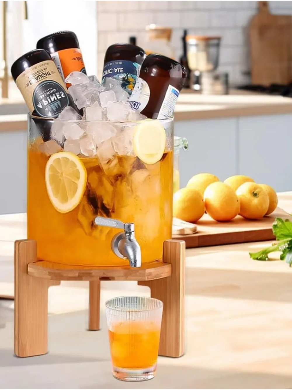 Bamboo-Base Glass Beverage Dispenser with Spigot - Clear